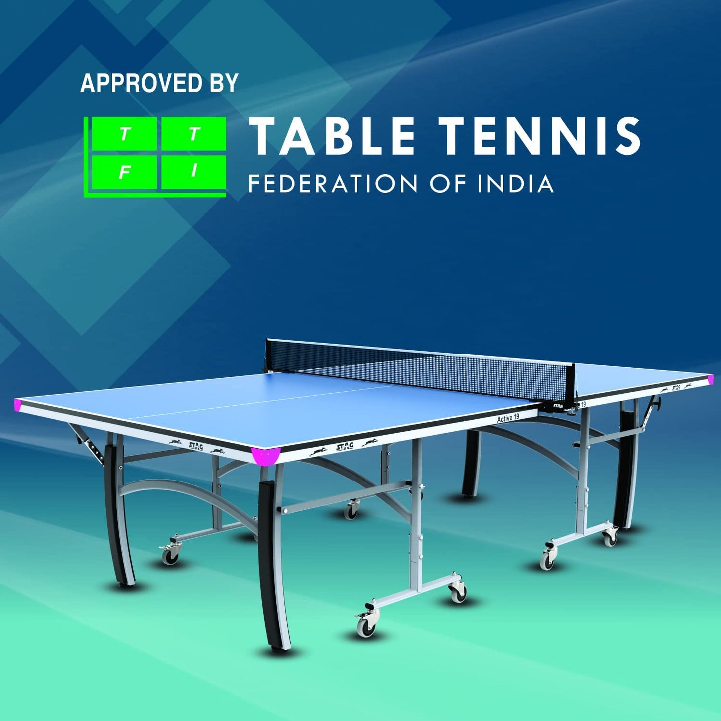 STAG GLOBAL Active 19 Table Tennis Table (2025 Model) With 2 Racket, 6 Balls, Clamp Net, 1 Cover