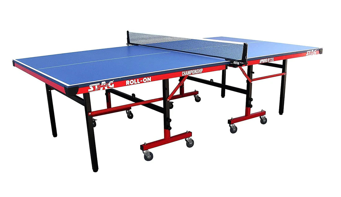 STAG GLOBAL Championship Roll-On TT Table – 22mm Top Thickness with 2 TT Rackets, 6 Balls, 1 Table Cover & Clamp Net