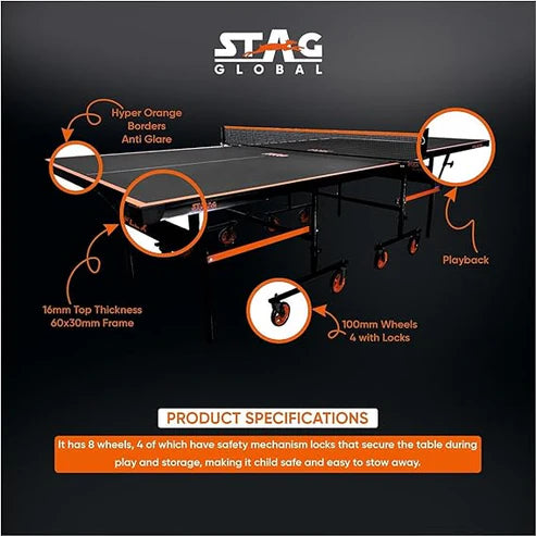 STAG GLOBAL Flex Series TT Table | Thickness 16 mm with 2 TT Rackets, 6 Balls, 1 Table Cover & Clamp Net