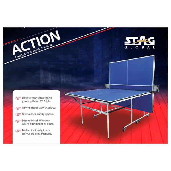 STAG GLOBAL Action Table Tennis Table Blue Top ,Thickness 16 mm with 1 Table Cover, 2 TT Rackets, 6 Balls, 1 Clamp Net
