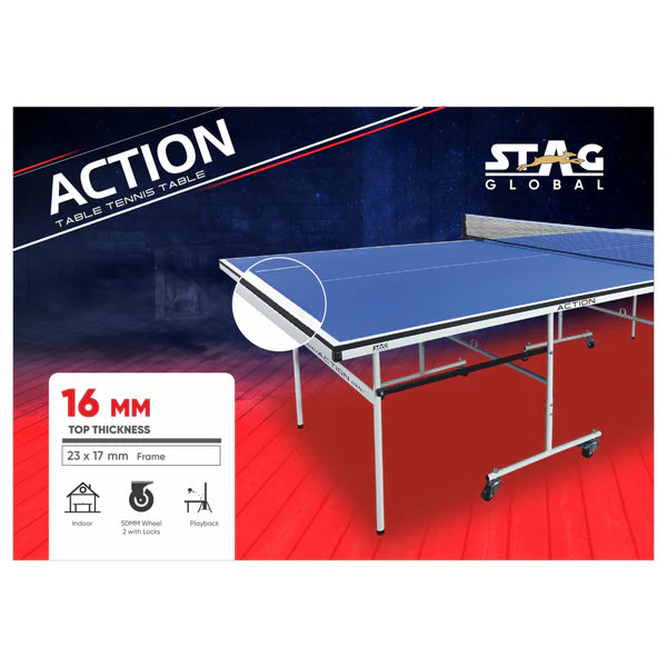 STAG GLOBAL Action Table Tennis Table Blue Top ,Thickness 16 mm with 1 Table Cover, 2 TT Rackets, 6 Balls, 1 Clamp Net