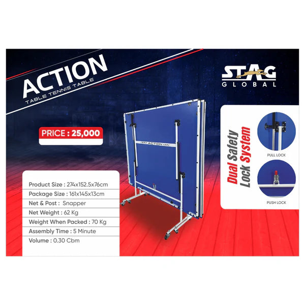 STAG GLOBAL Action Table Tennis Table Blue Top ,Thickness 16 mm with 1 Table Cover, 2 TT Rackets, 6 Balls, 1 Clamp Net
