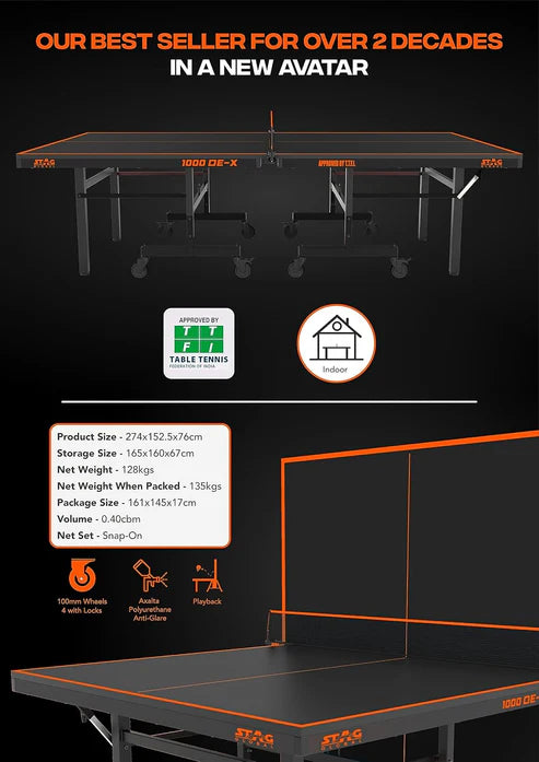 STAG GLOBAL 1000 DE-X Table Tennis Table Full Size Professional Table with 1 Table Cover, 2 TT Rackets, 6 Balls, 1 Clamp Net