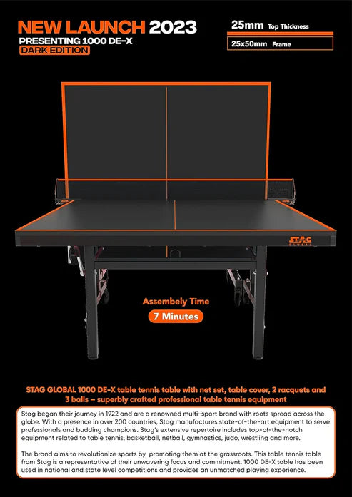 STAG GLOBAL 1000 DE-X Table Tennis Table Full Size Professional Table with 1 Table Cover, 2 TT Rackets, 6 Balls, 1 Clamp Net