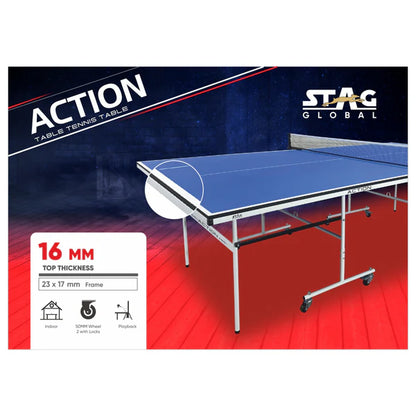 STAG GLOBAL Action Table Tennis Table Blue Top ,Thickness 16 mm with 1 Table Cover, 2 TT Rackets, 6 Balls, 1 Clamp Net