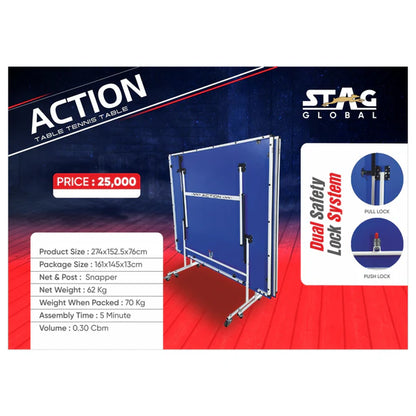 STAG GLOBAL Action Table Tennis Table Blue Top ,Thickness 16 mm with 1 Table Cover, 2 TT Rackets, 6 Balls, 1 Clamp Net