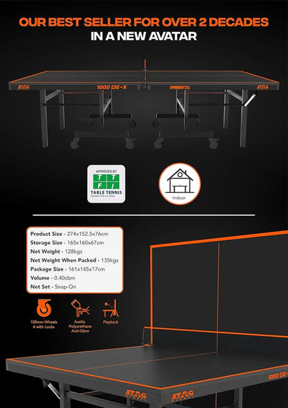 STAG GLOBAL 1000 DE-X Table Tennis Table Full Size Professional Table with 1 Table Cover, 2 TT Rackets, 6 Balls, 1 Clamp Net